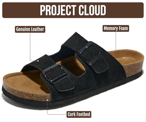 Image of Project Cloud Mens Sandals, 100% Genuine Leather Mens Slides (Heritage) | Memory Foam Insole & Cork Footbed Slides for Men Footwear Non Slip Summer Sandals for Men & Lightweight Sandals Men