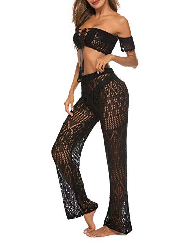 Womens Loose Straight Casual Flowy Crochet Hollow Out Cover Up Swimwear Swimsuit Bikini Pants