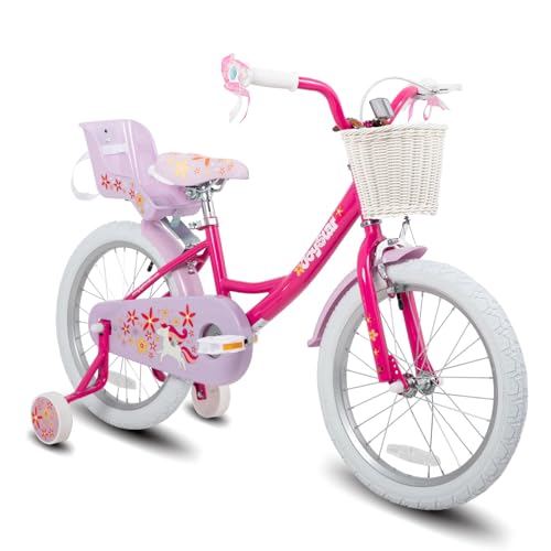 JOYSTAR Unicorn 18 Inch Kids Bike for 5-8 Years Girls with Doll Bike Seat 18' Children Bicycle with Training Wheels Basket Streamer Princess Kids' Bikes Purple
