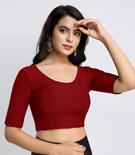 Image of TRENDMALLS Women's Dobby Pure Cotton Elastin Stretchable Readymade Round Neck Elbow Length Sleeves Blouse Choli Stylish Saree Blouse Ready to Wear
