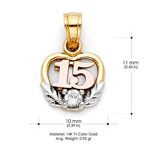 14K Tri Color Gold Sweet 15 Years Quinceanera Heart Cubic Zirconia CZ Charm Pendant with 0.6mm Box Chain Necklace3
