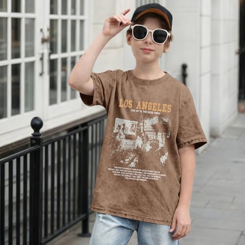 Image of Oversized Boys Graphic Tees Acid Wash Los Angeles Tshirt Youth Cotton T Shirt Crewneck Tee Kids Short Sleeve Tops