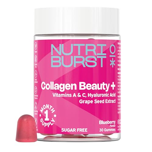 Nutriburst Collagen Beauty+ with 80mg of Vitamin C Hyaluronic Acid Vitamin A Biotin Support Healthy Skin Hair & Nails Sugar Free Vegan Halal Blueberry Flavour 30 Gummies