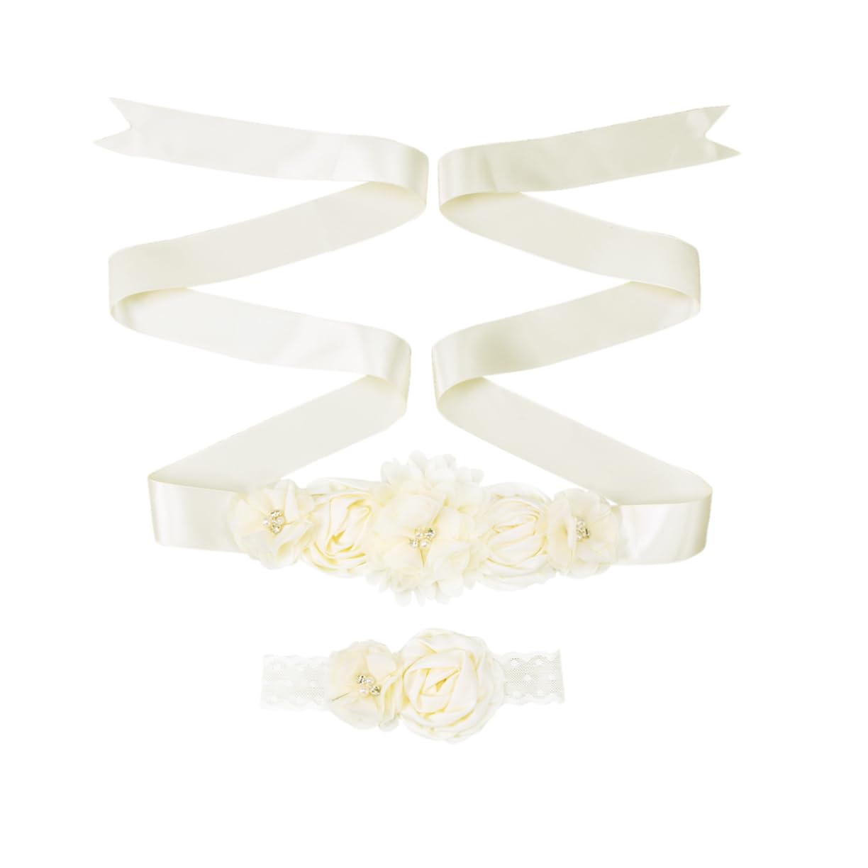 WOFASHPURET Flower Girl Headband Set Pearl Rhinestone Sash Belt for Wedding Bridesmaid Evening Dress