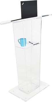 Lectern Podium, Clear Acrylic, 47 Inch Tall with Inner Shelf, Rubber Feet, 26.5 x 15.8 Inch Top Surface