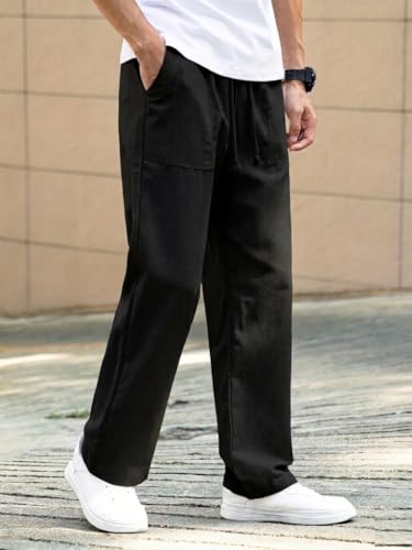 Image of Linen Pant for man | Loose Fit Trouser for Men | Elastic Waist with Drawstring | Perfect for Casual Wear | Lightweight Breathable Fabric | Straight Fit & Side Pocket