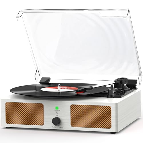 Image of Vinyl Record Player with Built-in Speakers and USB,Belt-Driven Bluetooth Turntable with 3 Speed AUX Input Headphone Jack and RCA Output Vintage Wooden White