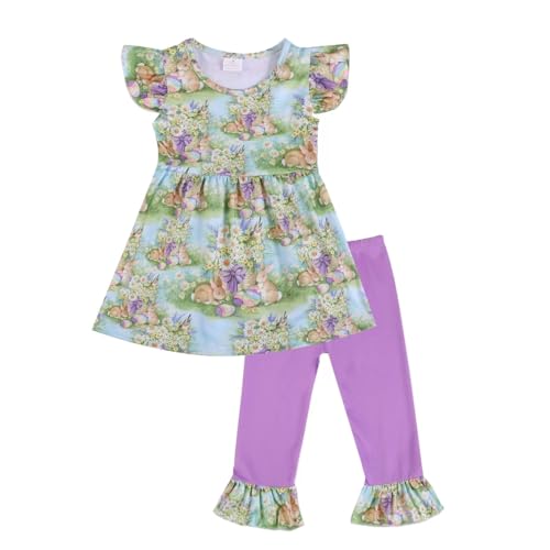 Image of nebljgo Toddler Girl Bunny Clothing Sets Spring Summer T-Shirt Leggings Pants Outfit 3-8Y