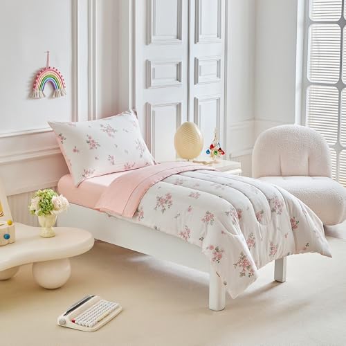Image of Joyreap 4 Piece Toddler Bedding Set- Floral Pink n White Design, Microfiber Toddler Bedding Comforter Set for Girls