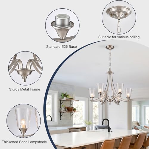 Image of Brushed Nickel Chandelier Light Fixture for Kitchen Island 6-Light Pendant Lighting with Seed Glass Lampshade Max 47.2 Height Adjustable Silver Hanging Light for Dining Room Foyer Living Room