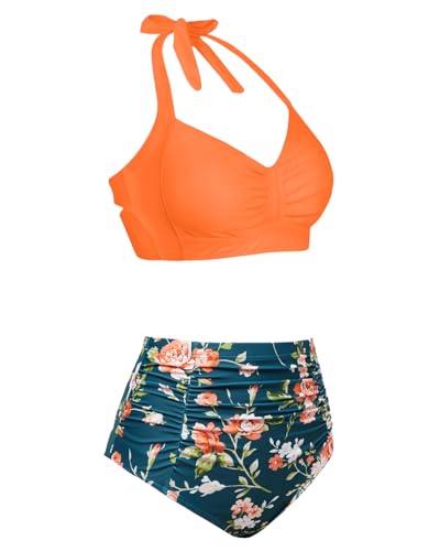 Image of Holipick Women High Waisted Bikini Set Two Piece Swimsuit Tummy Control Bathing Suit Vintage Halter Swimwear