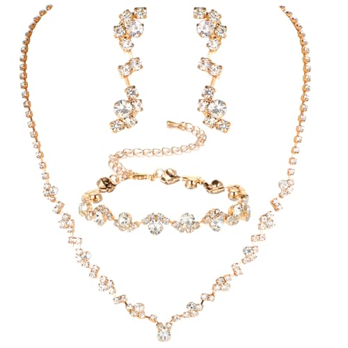 Telooco Strass Brautschmuck Gold Hochzeitsschmuck Damen Elegante Hochzeit Schmuck Set Wellen Halskette Ohrringe Armband Modeschmuck Kristall Schmuckset für Abschlussball Hochzeit Party