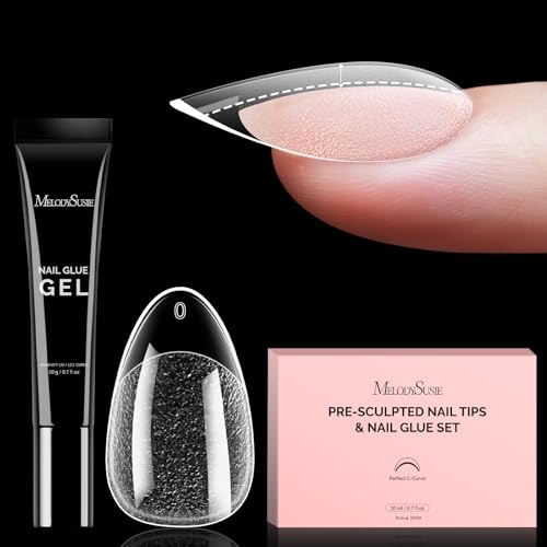 Image of MelodySusie Short Almond Gel Nail Tips Kit-300Pcs Pre-Building Apex Fake Nail Tips 20g Solid Nail Glue Gel,Half Matte Full Cover Clear Acrylic Nail,15Sizes Thick Strong Long Lasting for Home DIY&Salon