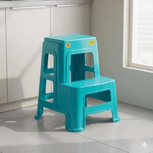 Image of Raj Furniture 2-Step Plastic Stool Ladder for Home, Kitchen, Office & Bathroom | 120 Kg Heavy Duty Capacity | Anti-Slip Non-Skid Feet | Lightweight Portable Step Stool for Adults | Pack of 1 (Blue)
