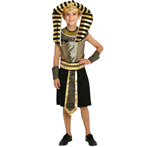 Celanisai Disfraz de carnaval para niños y jóvenes, rey egipcio, faraón, negro, dorado, disfraz para niño, incluye sombrero, camisa con collar y cinturón, pantalones para carnaval, Halloween, R Gold