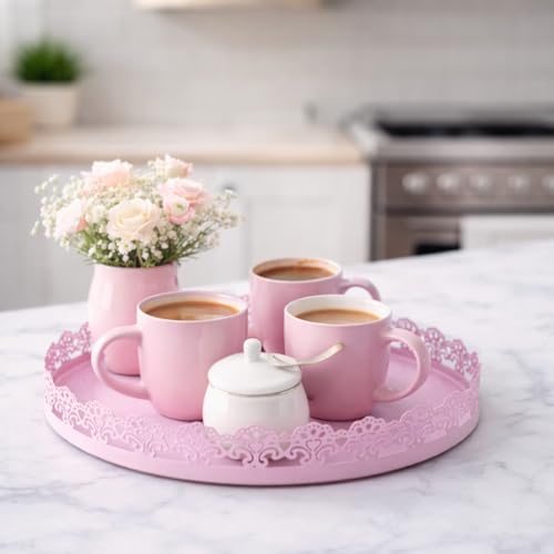 Image of Gold Finish Decorative Metal Tray | Multipurpose Serving & Vanity Tray | Premium Cutwork Design | Home Decor Organizer | 28 x 4 cm (Baby Pink)