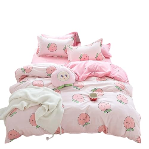 Homewish Juego de funda de edredón de dibujos animados juego de cama individual melocotón rosa para niños juego cama kawaii funda edredón melocotón para niña funda edredón frutas lindas
