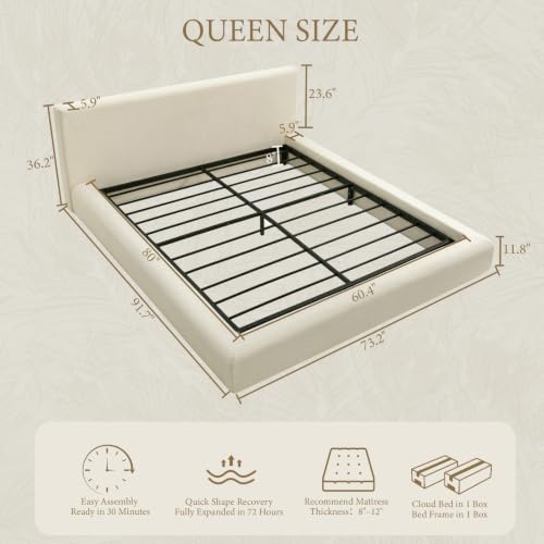 Queen Cloud Bed Frame, Upholstered Platform Bed Frame with…