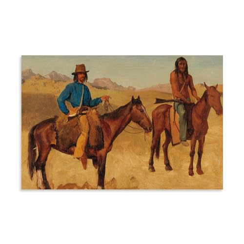Impresión artística de pared con diseño de trampero y guía india a caballo por artista desconocido del género occidental con vaqueros, nativos americanos y caballos, impresión estética para habitación