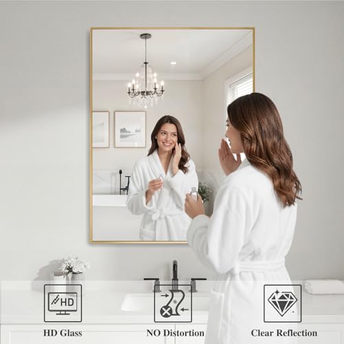 Image of Koonmi Gold Mirrors for Wall, 30x36 Inch Bathroom Mirror, Rectangular Wall Mirror for Living Room Bedroom Bathroom, Hangs Horizontally or Vertically