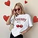 Bobeutou Cherry Shirt Women Fruit Graphic Printed Tshirt Vintage Tees Aesthetic Cute Preppy Cherries Shirts Casual Tops(White,S)
