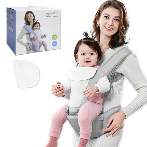 Beideli Baby Carrier with 2 Bibs 6 in 1 Baby Hip Carrier Multi-Functional Baby Wrap Carrier for Newborns & Toddlers Ergonomic Waist Stool for 0-36 Months Baby(Gray)