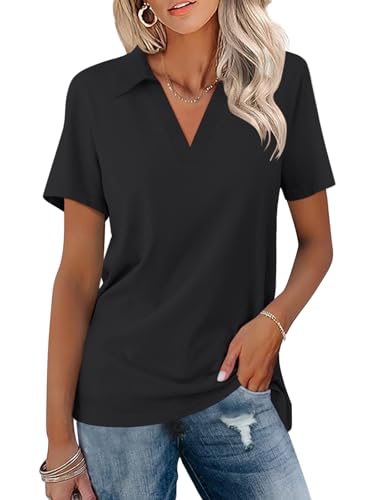 Women's Polo Shirts Short Sleeve V Neck Summer Tops Business Casual Collared Shirts Loose Tees