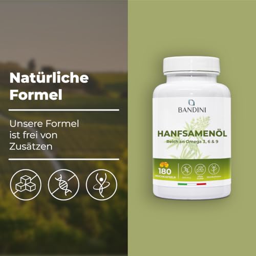 Bandini® Hanföl 1000mg pro Weichkapsel | 180 Softgel-Kapseln | Kaltgepresst Hanfsamenöl für 6-Monats-Vorrat | Reich an Omega 3, 6 und 9 | ALA, Linol- und Ölsäure | 1 Softgel pro Tag | Hemp Seed Oil