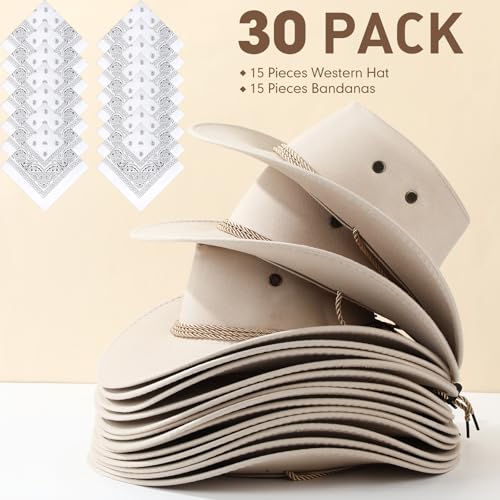 Image of Coume 15 Set Western Cowboy Hat Costume Accessories Paisley Bandanna Cowgirl Hats Bulk for Adult Women Men Dress Party