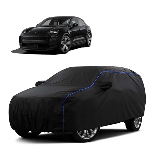 Image of Sulfar 100% Water Resistant Car Body Cover Compatible with Mirror for Porsche Macan (Triple Stitched, Full Bottom Elastic, Black Tafetta with Blue Piping)