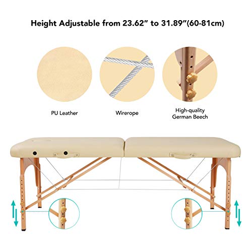 Naipo Table de Massage Pliante Professionnelle Cosmétique Portable Lit Table de beauté Canapé Pieds en Bois Hêtre 2 Zones Pliables Hauteur Réglable pour Thérapie Spa Beige + Housse de Transport Naipo Table de Massage Pliante Professionnelle Cosmétique Portable Lit Table de beauté Canapé Pieds en Bois Hêtre 2 Zones Pliables Hauteur Réglable pour Thérapie Spa Beige + Housse de Transport
