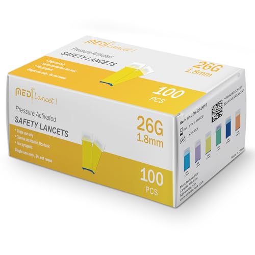 Medt - Pressure Activated Safety Lancets 26G x 1.8mm - Gamma Ray Sterilized, Ideal for Blood Testing, Single Use and Gentle for Comfortable Testing - Pack of 100