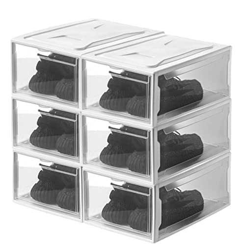 Naocca Shoe Storage Boxes Plastic Stackable 6 Pack Shoe Organizer for Closet, Space Saving Shoe Holder Sneaker Containers Bins for Entryway Drop Front Cubby, Fit up to Women's Size 12 White