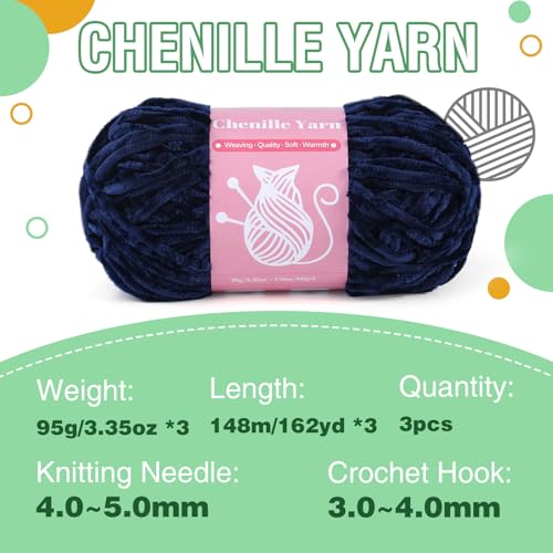 Image of LUNARM Chenille Yarn for Crochet Knitting Chunky Blanket Velvet Yarn | 3 Pack 3.5oz /100g 486 Yard Navy Blue Chenille Yarn for Beginners Knitting Scarves with Big Eye Needles Machine Washable