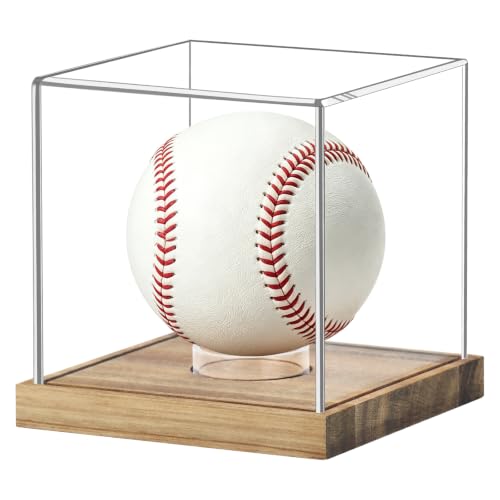 Image of Clear Acrylic Baseball Display Case with Wood Base, Single Ball Memorabilia Stand, Dust Protection Transparent Storage Box for Collections