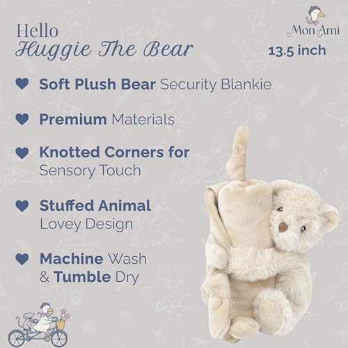 Image of MON AMI Huggie The Bear Plush Lovey for Babies | 13.5-Inch Soft Knotted Security Blanket | Plush Snuggle Toy with Teddy Bear Head | Perfect Newborn Essential for Birthdays & Baby Showers