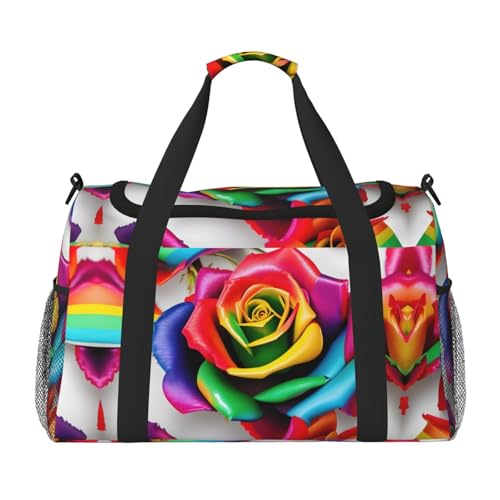 Bolsa de viaje con diseño de flores de rosa arcoíris, bolsa de compras grande reutilizable, bolsa de vacaciones, bolsa deportiva con correa cruzada ajustable