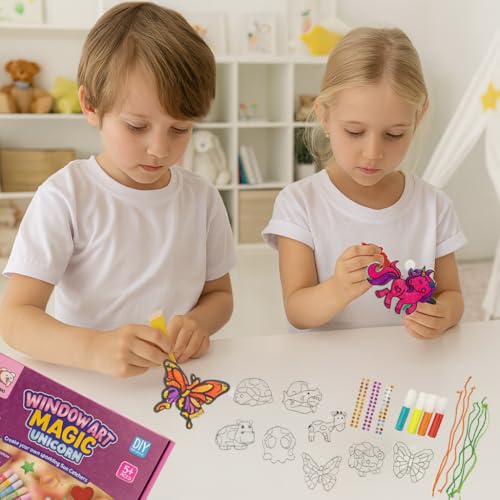 Image of Storio Window Art Magic Unicorn Set | DIY Unicorn Sun Catcher Kit with Glass Paints & Decorative Gems | Art and Craft Kit