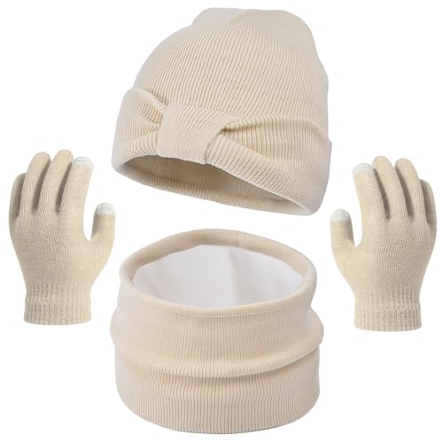 Image of Kids Winter Beanie Hat Scarf Gloves Set for Girls Boys Age 3-10Y,Cute Bow Cuffed Knitted Hat Neck Scarf with Fleece lined