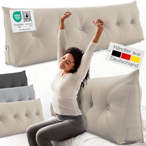 ELONEO Rückenkissen 180 cm breit, Keilkissen für Bett und Sofa geeignet, dreieckiges Lesekissen, Kissen mit abnehmbarem und waschbarem Bezug, mit praktischem Seitenfach