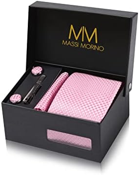 Massi Morino Krawatte mit Einstecktuch Set Herren inkl. Manschettenknöpfe, Krawattennadel und Geschenkbox - Männer Krawattenset zur Hochzeit