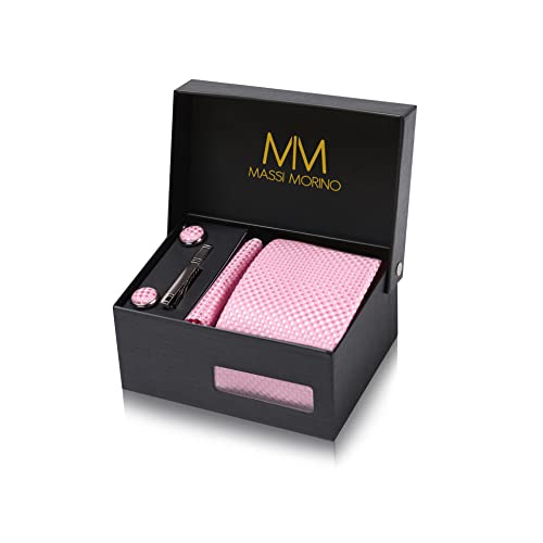 Massi Morino Corbata Rosa Cuadrado con Pañuelo | Set de Corbata para Hombre incl. Gemelos, Pasador y Caja de Regalo | Accesorios ideal para Bodas