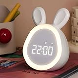 ANJOGIFT Bunny Alarm Clock Night Light for Kids with Temperature Brightness Adjustable and Time Display, Rechargeable, Timing Function, Non-Flickering Eye-Caring LED Warm Light (Milk White)
