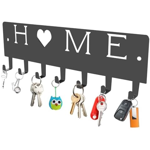 Yoanxong Key Holder Wall Mount Adhesive, Grey Metal Key Hanger Adhesive Key Rack Organizer with 7 Key Hooks for Bedroom Hallway Front Door Entryway Kitchen Home Sweet Home Decor, No Drilling Required Cover