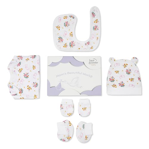 Image of Haus and Kinder Baby Gift Set - Pack of 5: Ultimate Newborn Bundle with Onesie, Bib, Cap, Mittens & Booties - Perfect Essentials for Infants | Hippity Hop