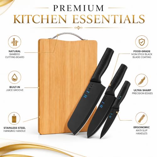 Image of Large Cutting Board for Kitchen | Non-Slip Antibacterial Surface with Stainless Steel Handle | Durable Chopping Board for Vegetables, Fruits & Meat (Bamboo Board with Black Knife)
