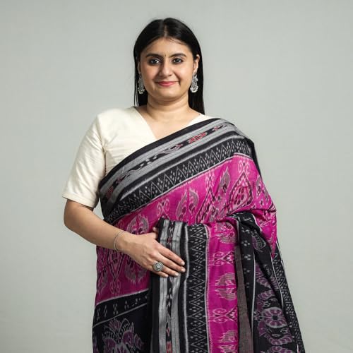 Image of Ikat Women's Pure Cotton Saree Traditional Craftsmanship Double Ikat Weaving Floral Handmade Ethnic Saree without Blouse Piece