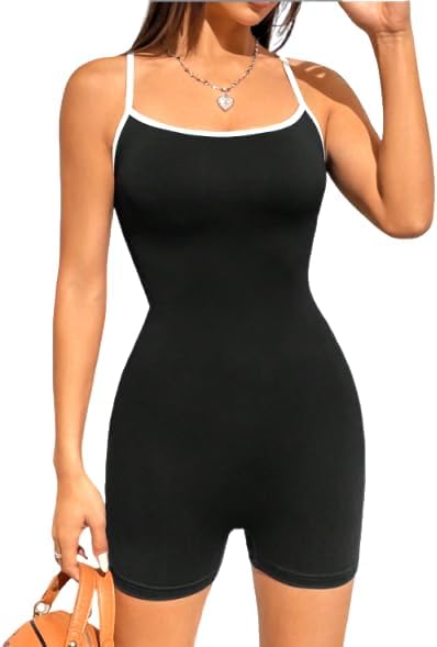 Women's Athletic Romper Bodysuit with Shorts, Black with White Trim, Criss Cross Back Straps, One Piece Gym Jumpsuit
