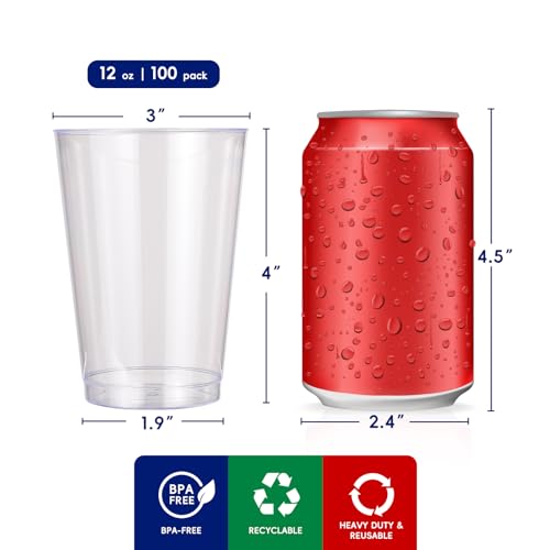 image for JOLLY CHEF 12 oz Clear Plastic Cups, 100 Pack Heavy-duty Party Glasses