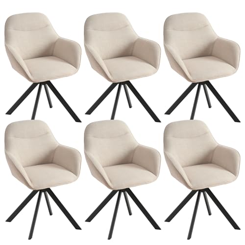 Goeurvant Lot de 6 Chaises Pivotante 360°, Chaises Beige Salle à Manger avec Accoudoirs, Chaises Fauteuil Rembourrées en Lin avec Pieds en Métal pour...